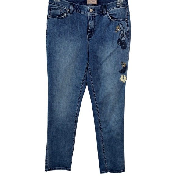 Chico's Denim - Chico's Embroidered Floral Straight Leg Jeans 1.5 Medium Wash Excellent